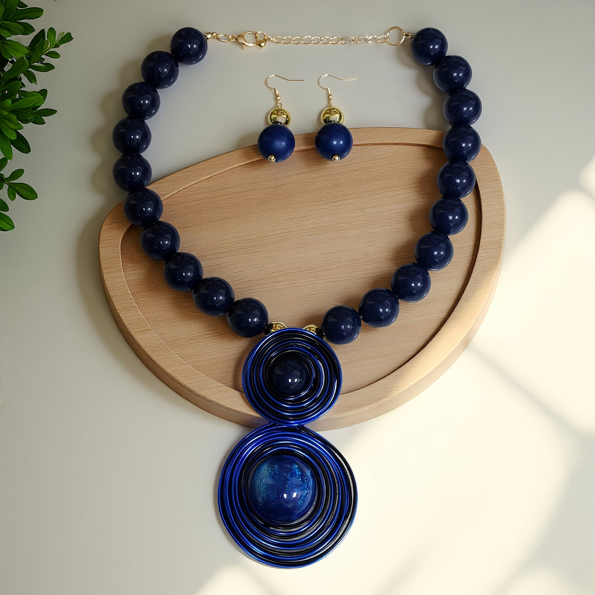 Blue Spiral Bead Necklace & Earring Set