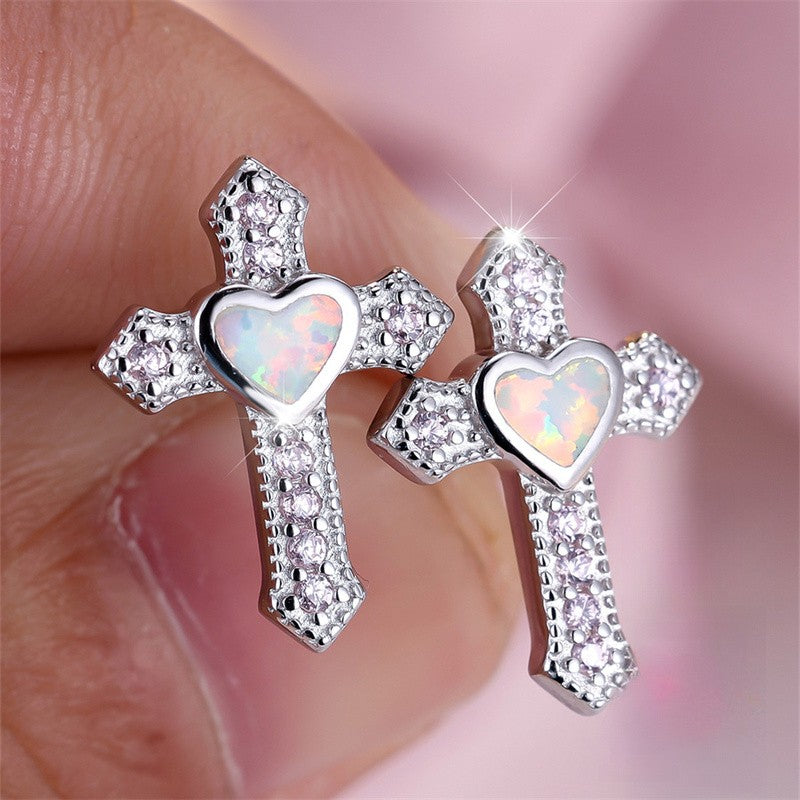 Iridescent Heart Cross Earrings