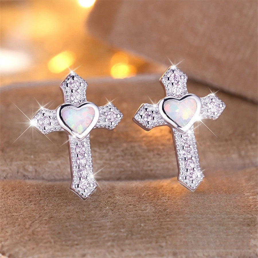 Iridescent Heart Cross Earrings