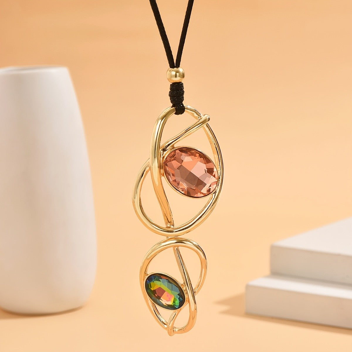 Two-Tone Glass Oval Pendant Necklace