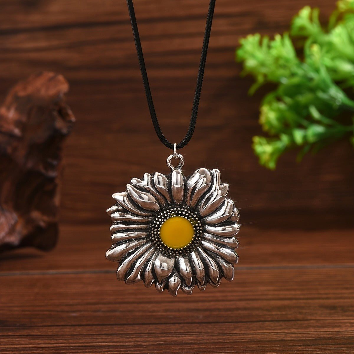 Textured Sunflower Cord Necklace