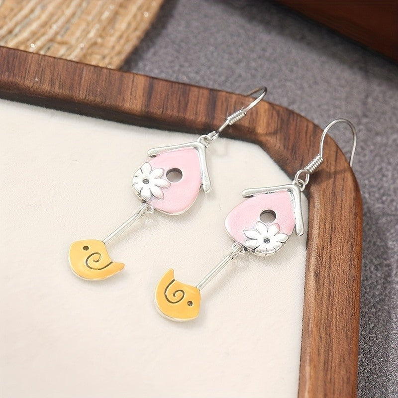 Birdhouse Flower Dangle Earrings