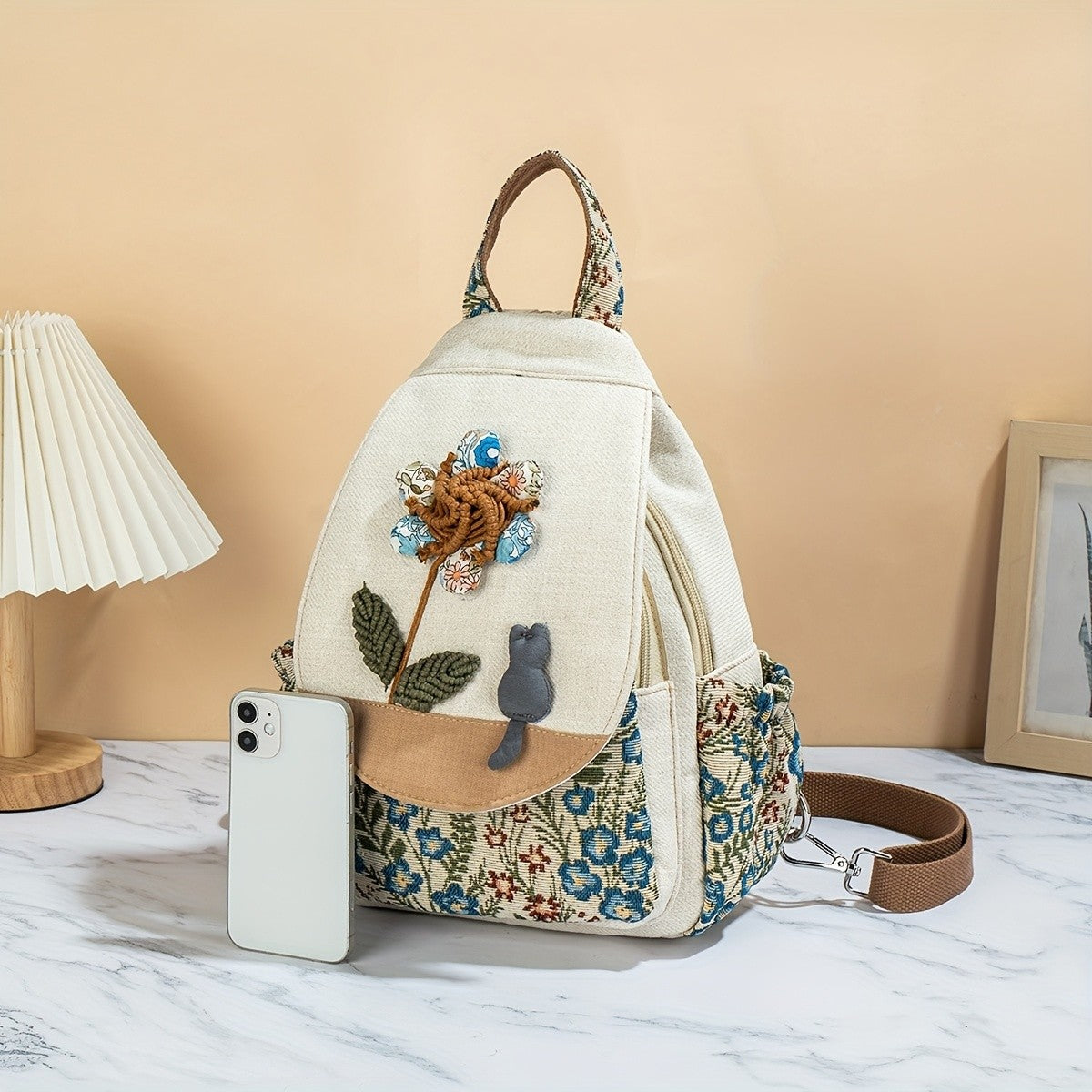 Floral & Cat Canvas Backpack