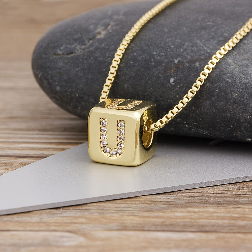 Crystal Initial Cube Necklace