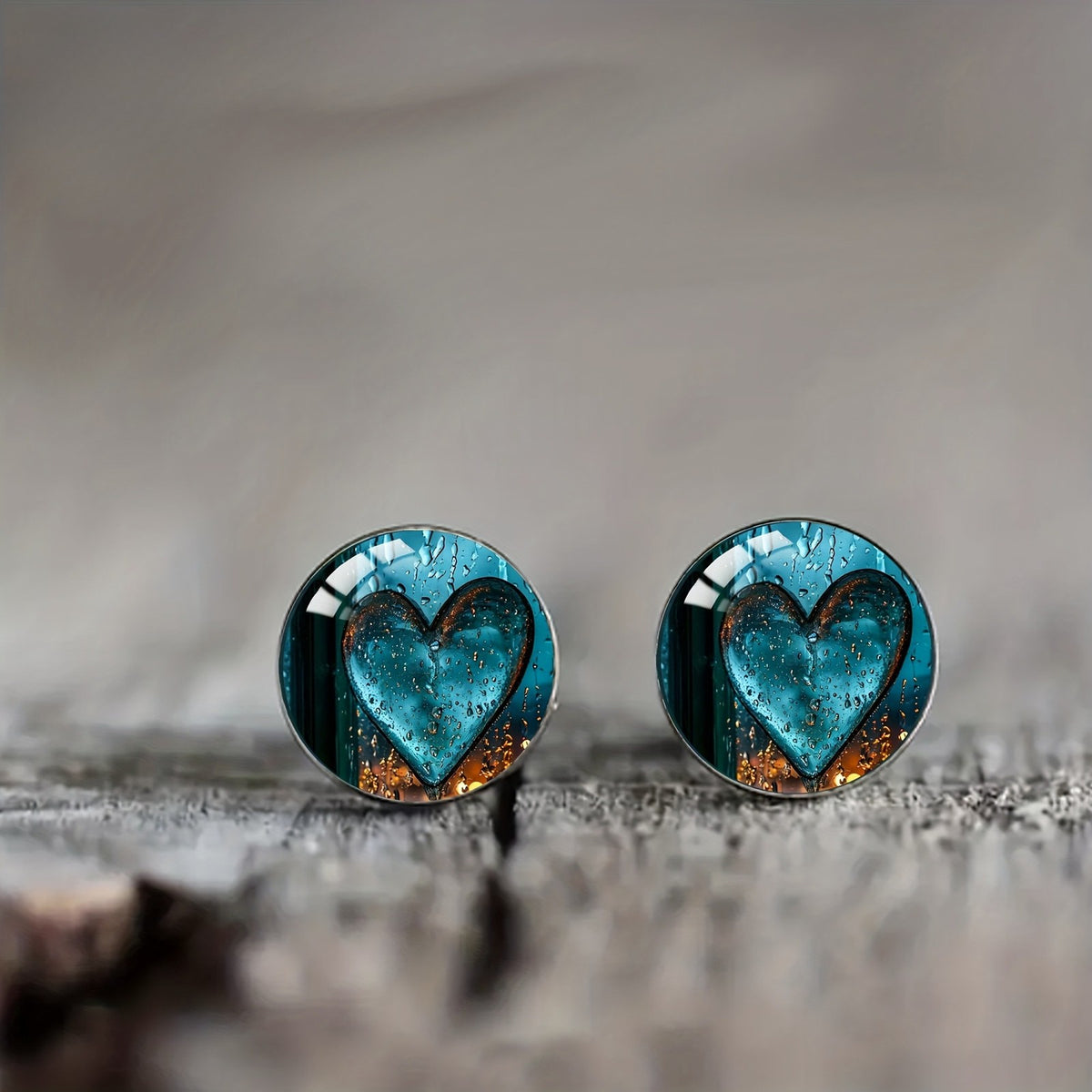 Blue Glass Heart Stud Earrings