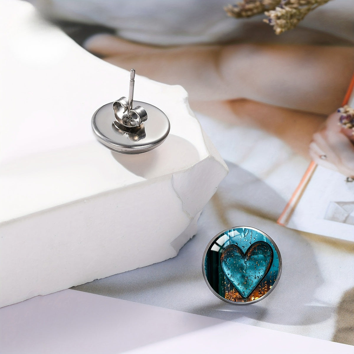 Blue Glass Heart Stud Earrings