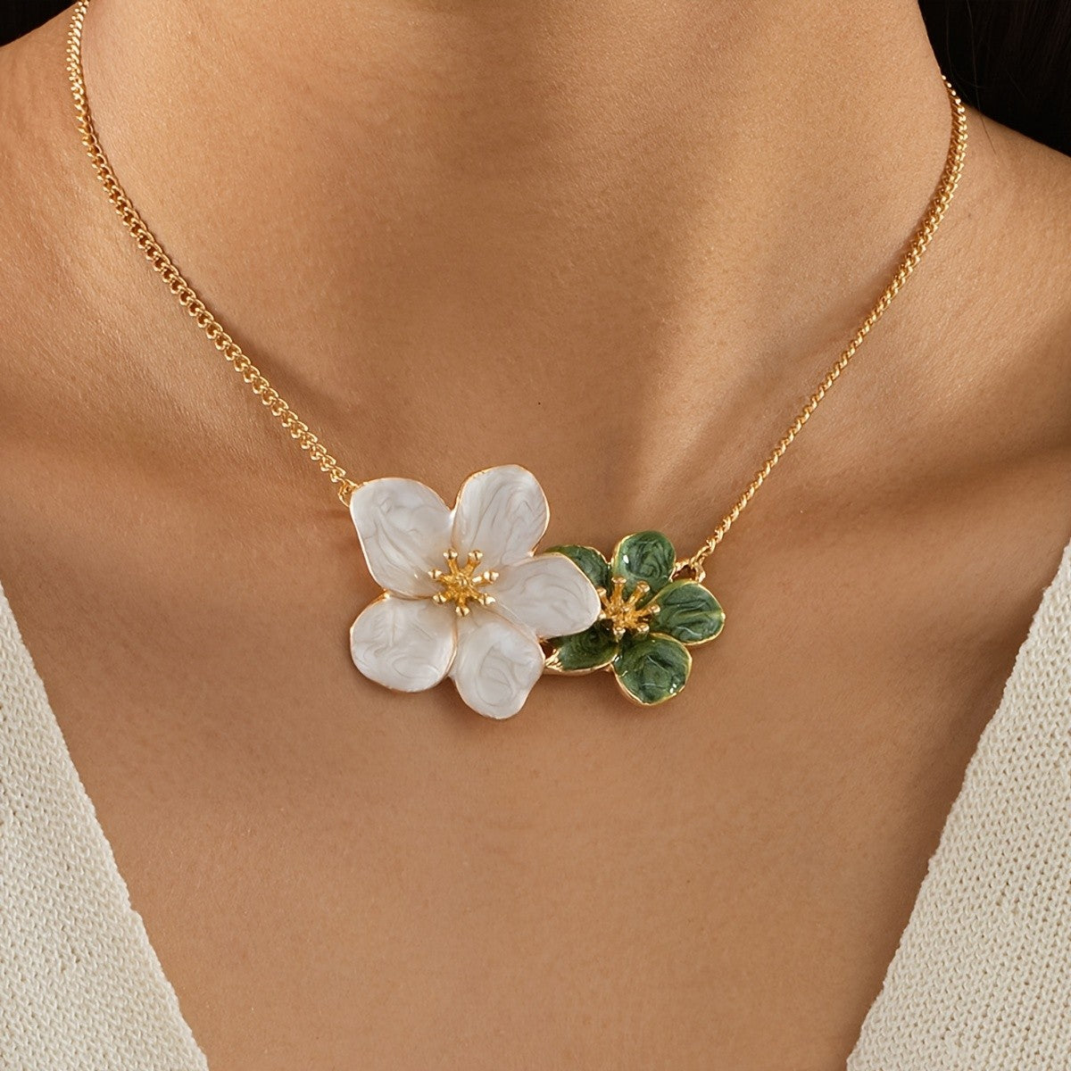 White Floral Duo Necklace