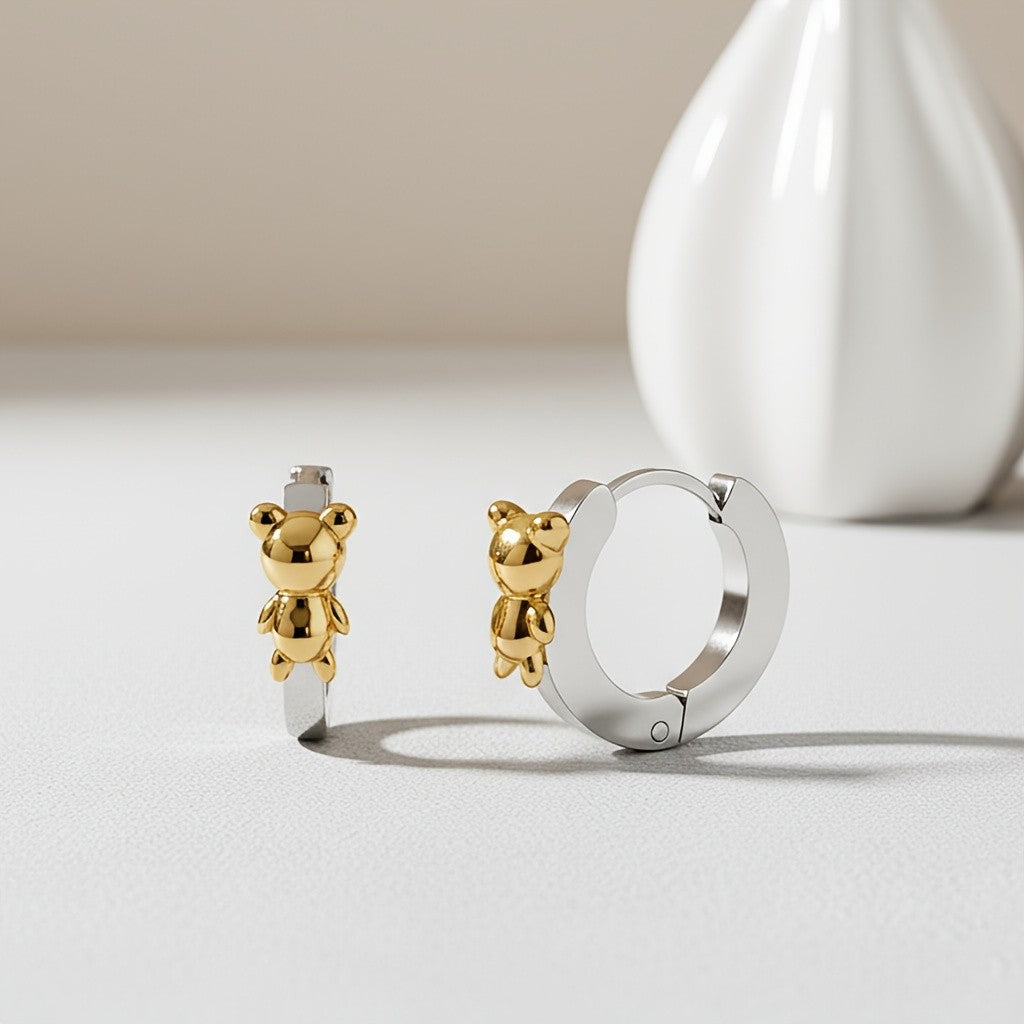 3D Bear Charm Hoop Earrings