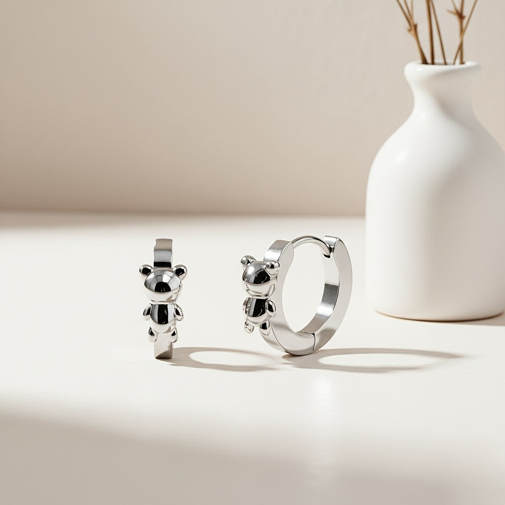 3D Bear Charm Hoop Earrings
