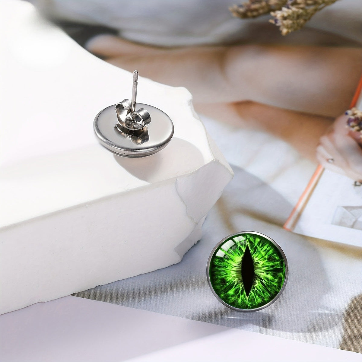 Green Dragon Eye Stud Earrings
