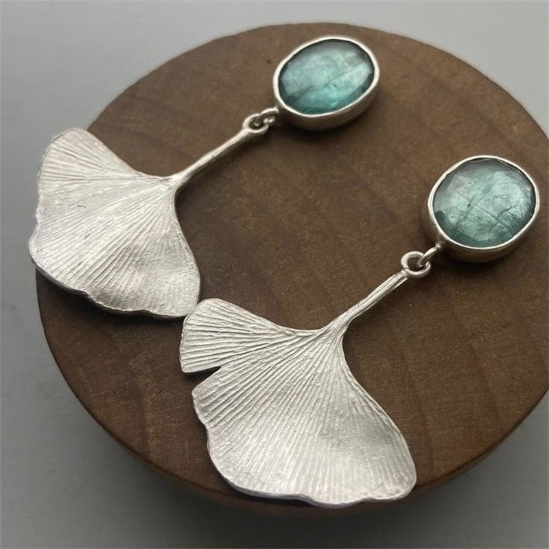 Ginkgo Leaf & Teal Stone Drop Earrings