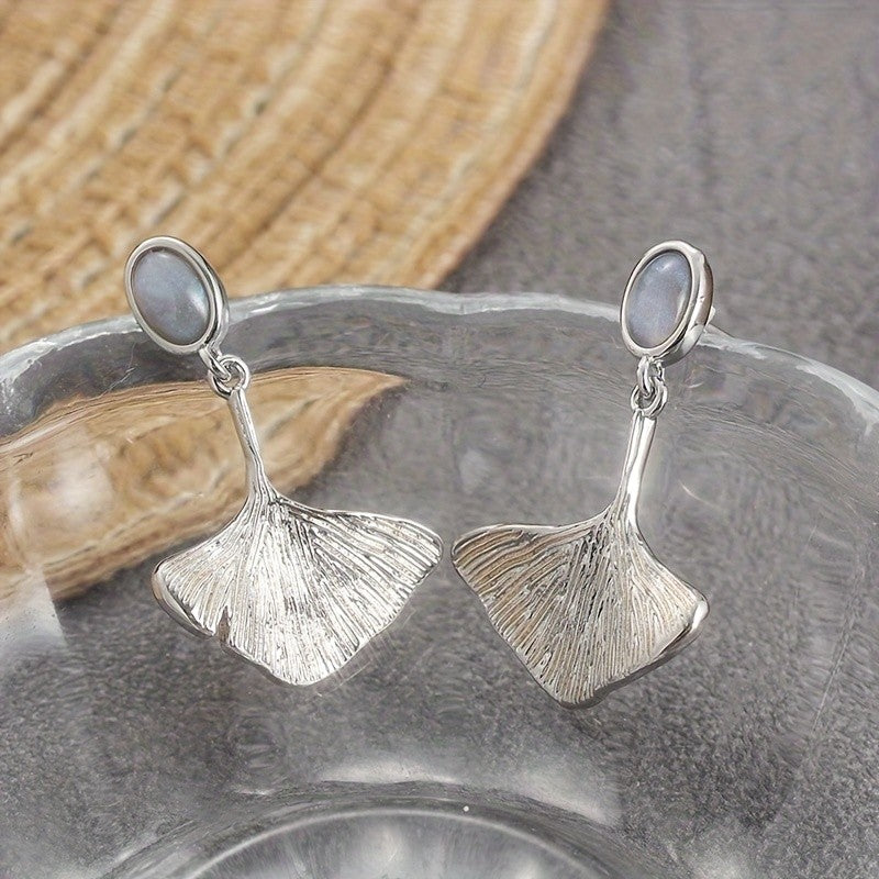 Ginkgo Leaf & Teal Stone Drop Earrings