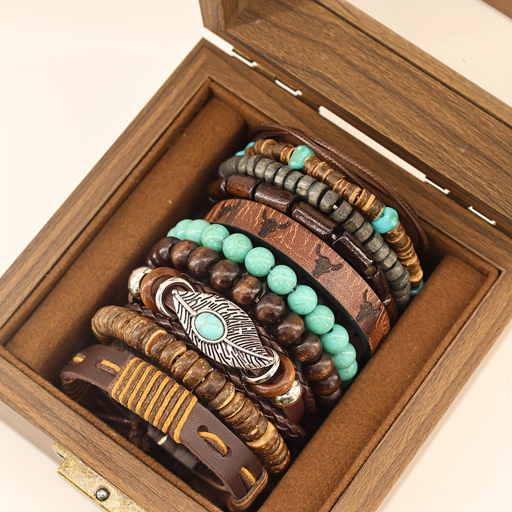 Turquoise Bead & Leaf Charm Bracelet Set