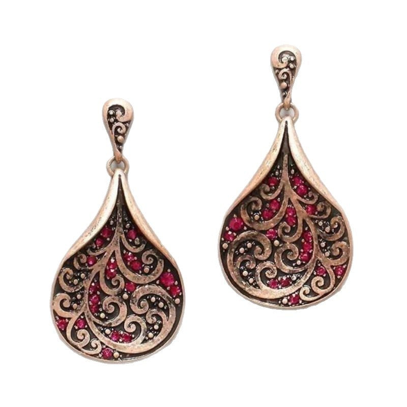 Red Zircon Scrollwork Teardrop Earrings