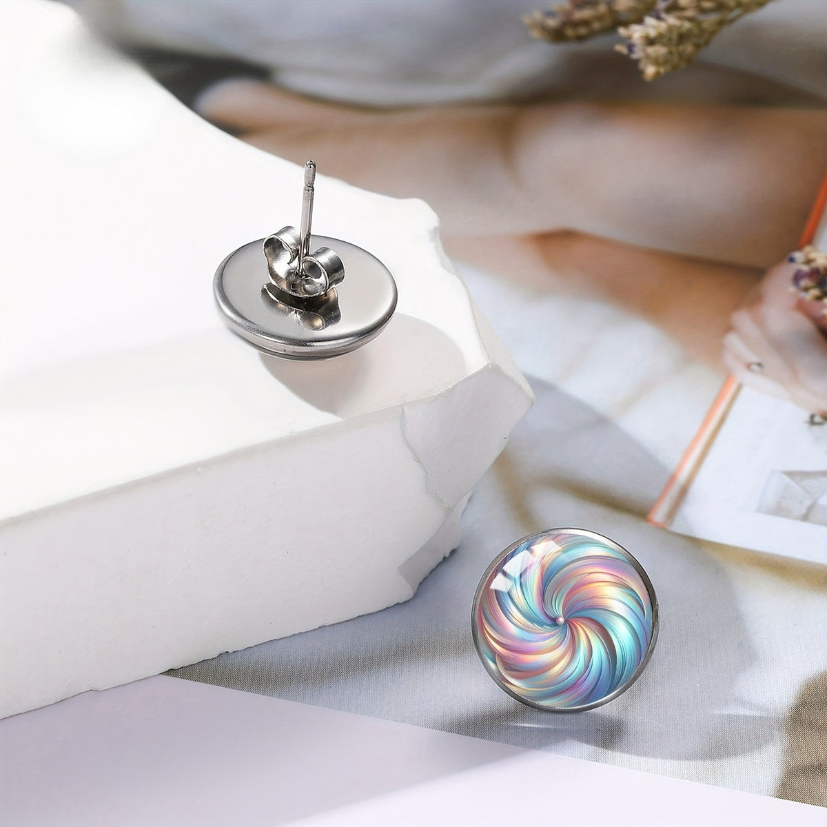 Iridescent Spiral Glass Stud Earrings