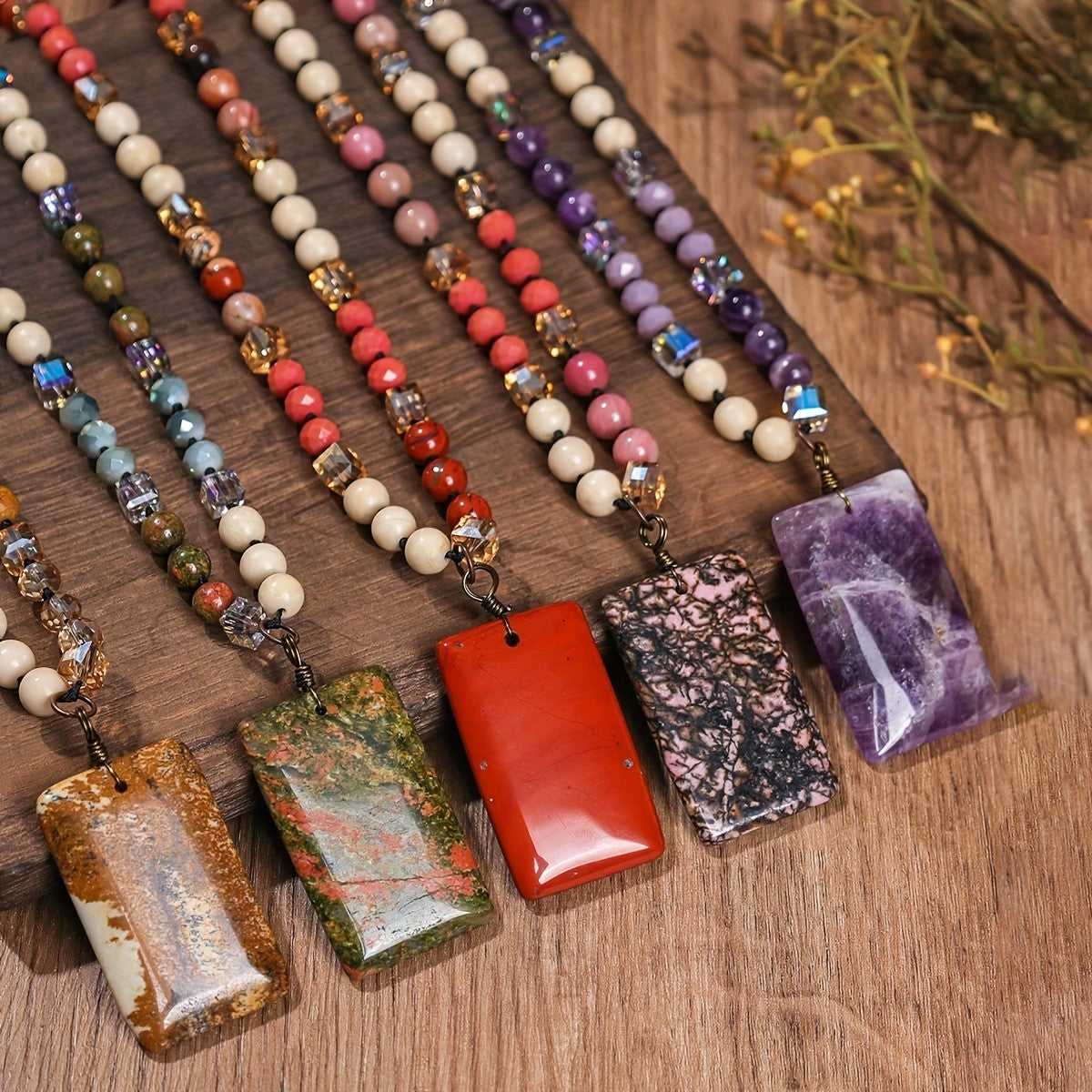 Rectangle Stone Pendant Beaded Necklace