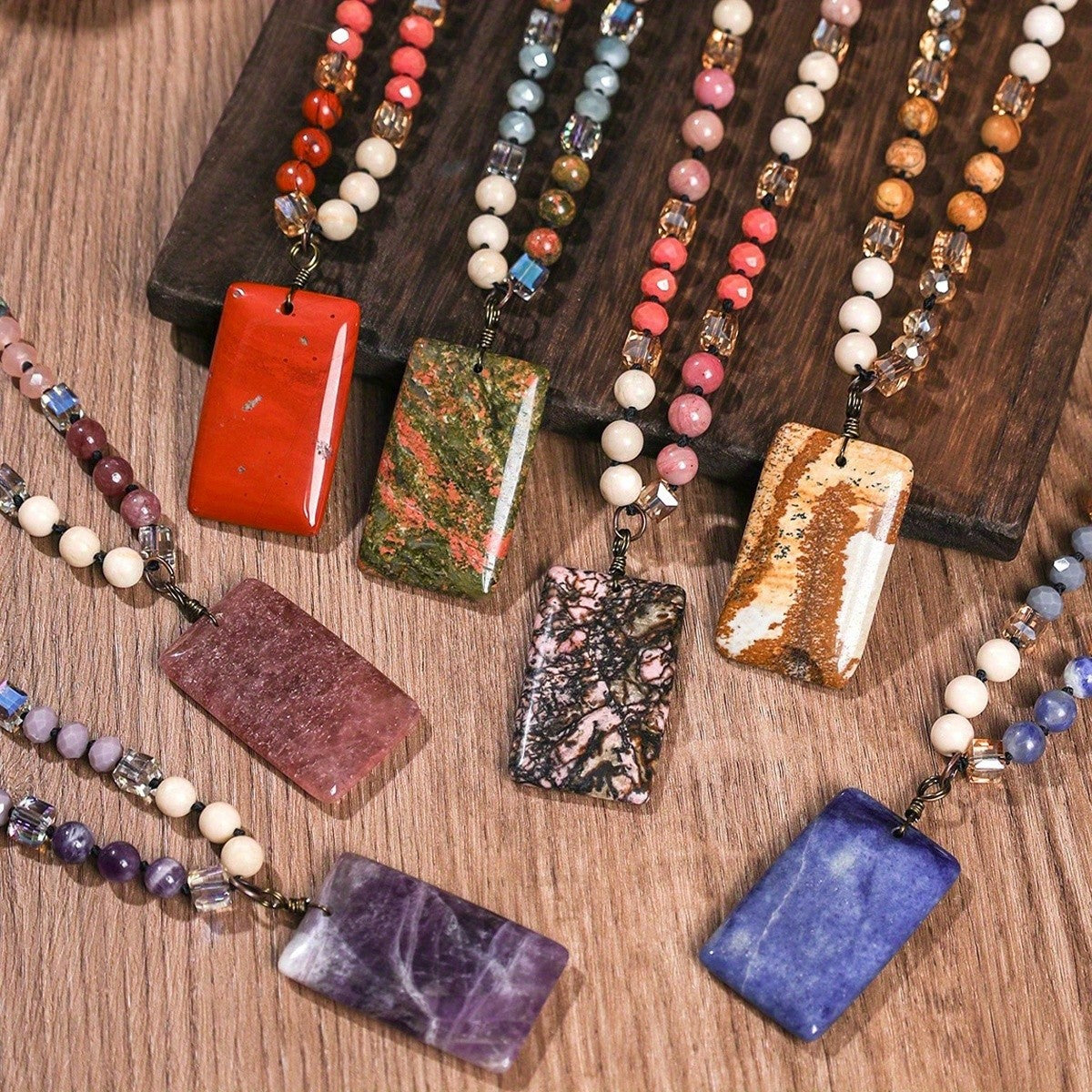Rectangle Stone Pendant Beaded Necklace