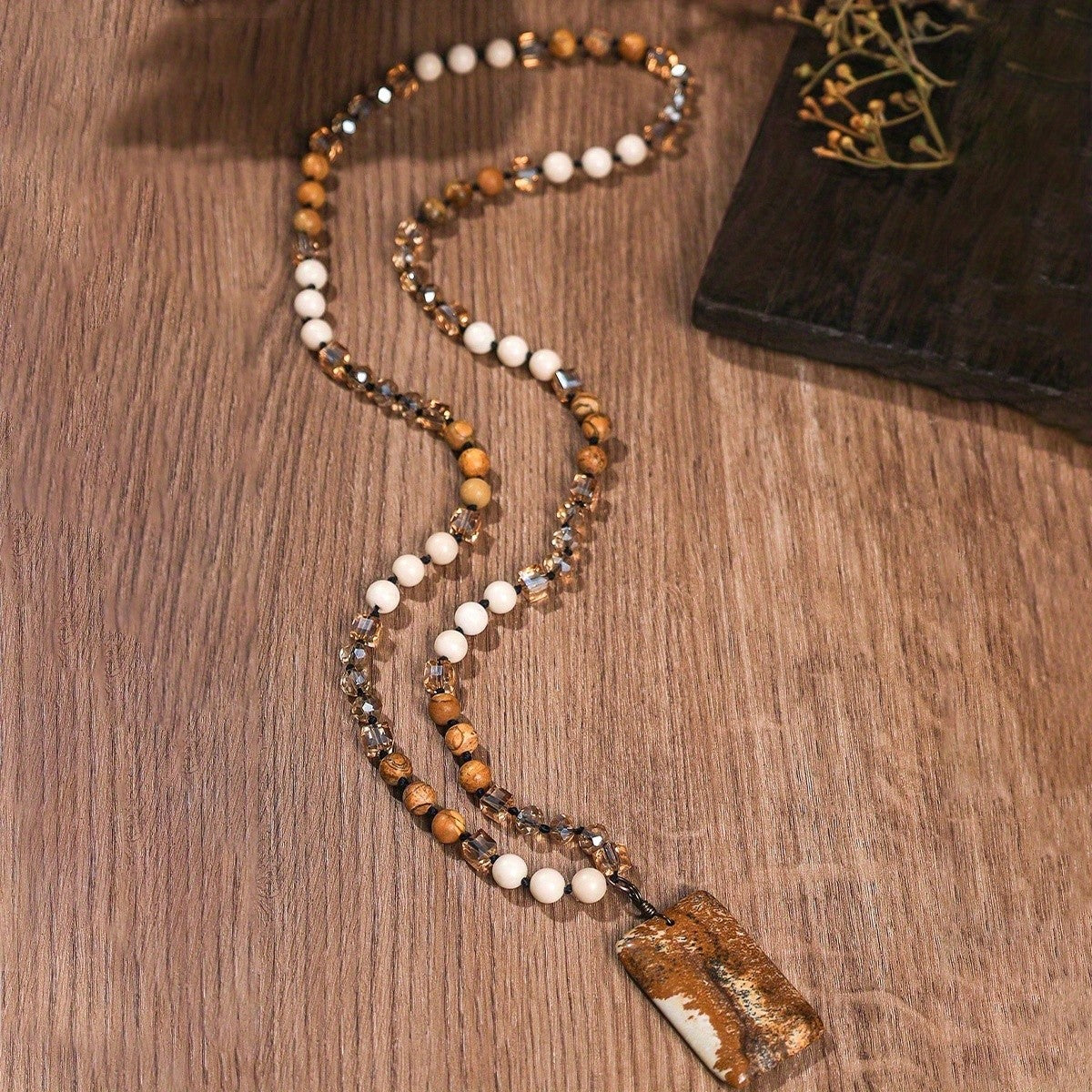 Rectangle Stone Pendant Beaded Necklace