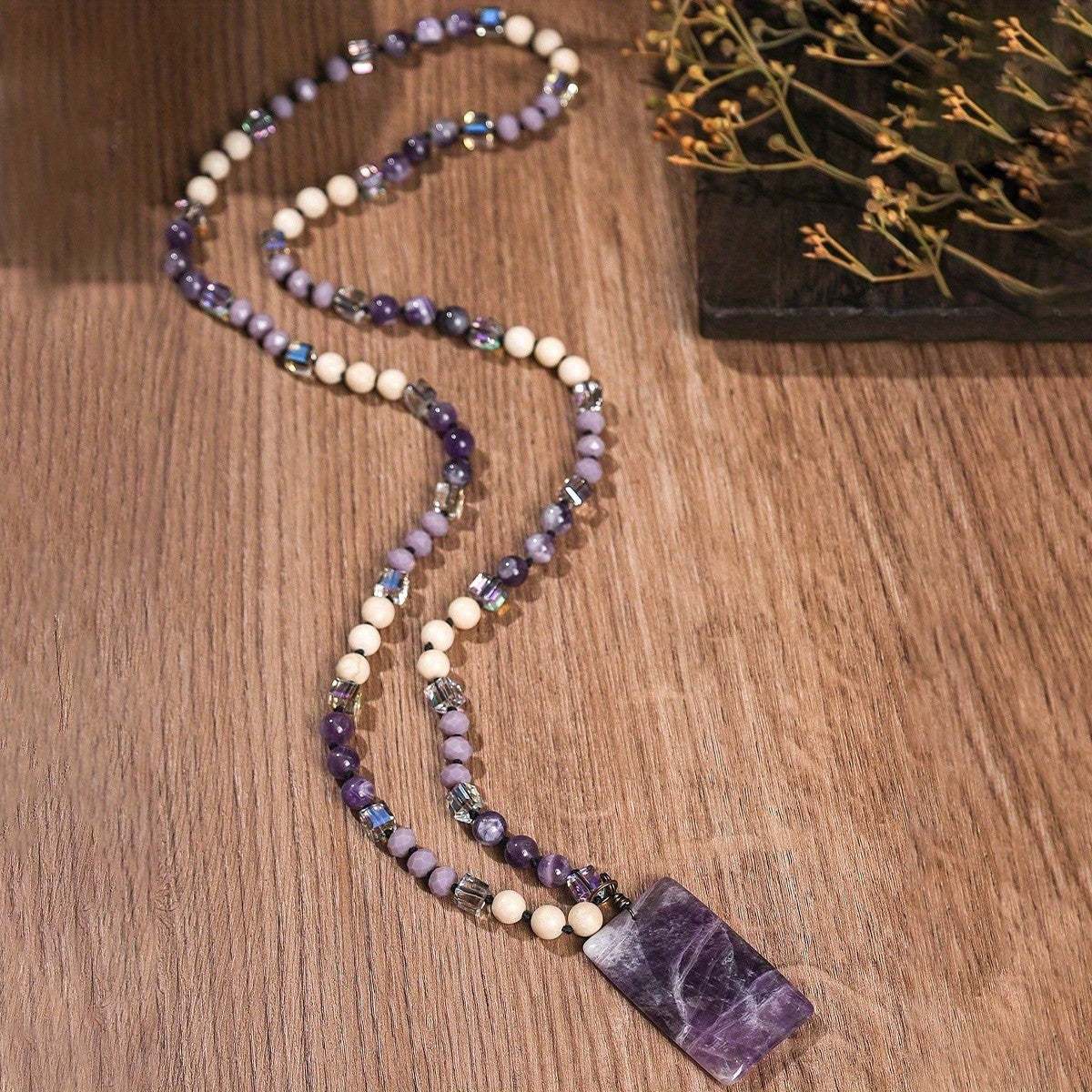 Rectangle Stone Pendant Beaded Necklace