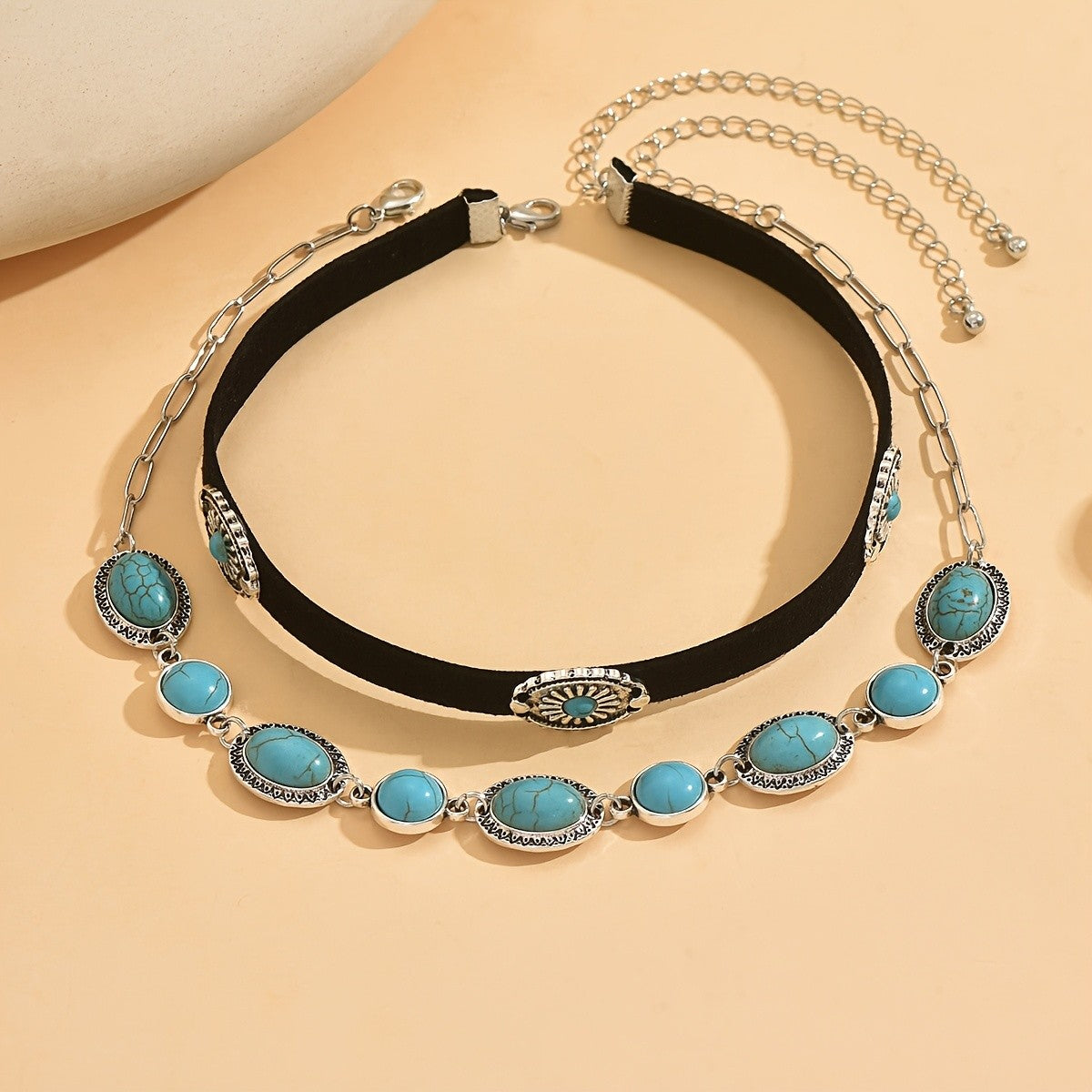 Turquoise Oval Velvet Choker Set