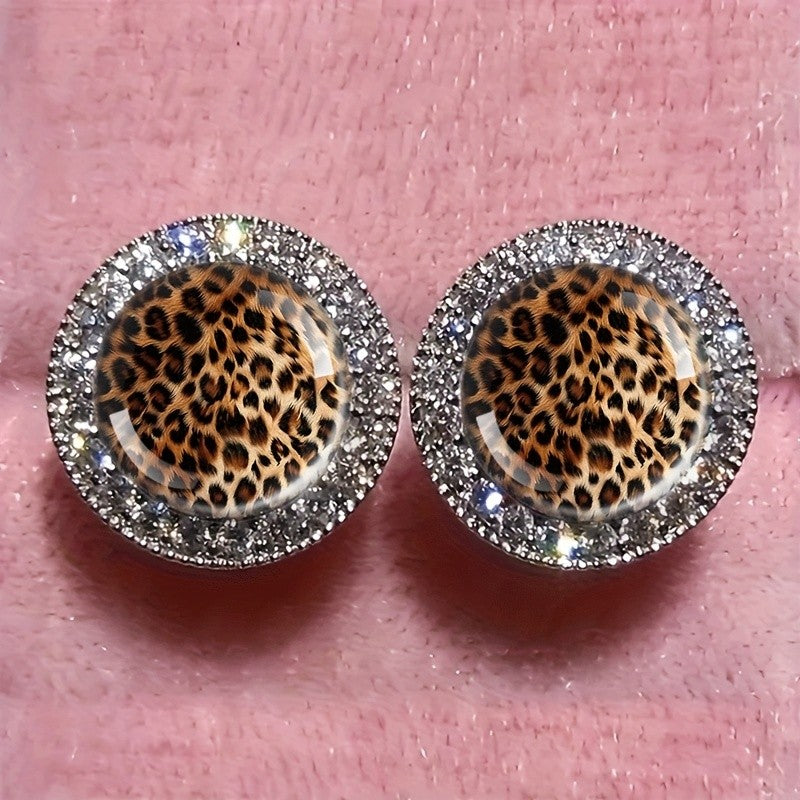 Leopard Print Crystal Halo Stud Earrings