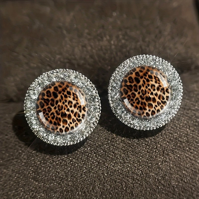 Leopard Print Crystal Halo Stud Earrings