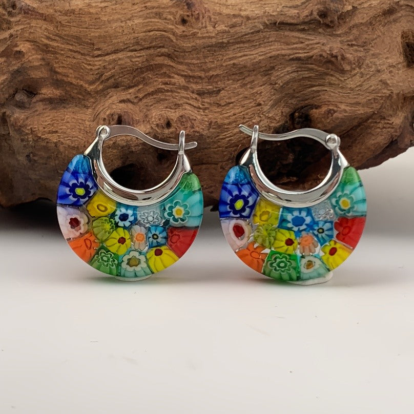 Floral Millefiori Glass Hoop Earrings