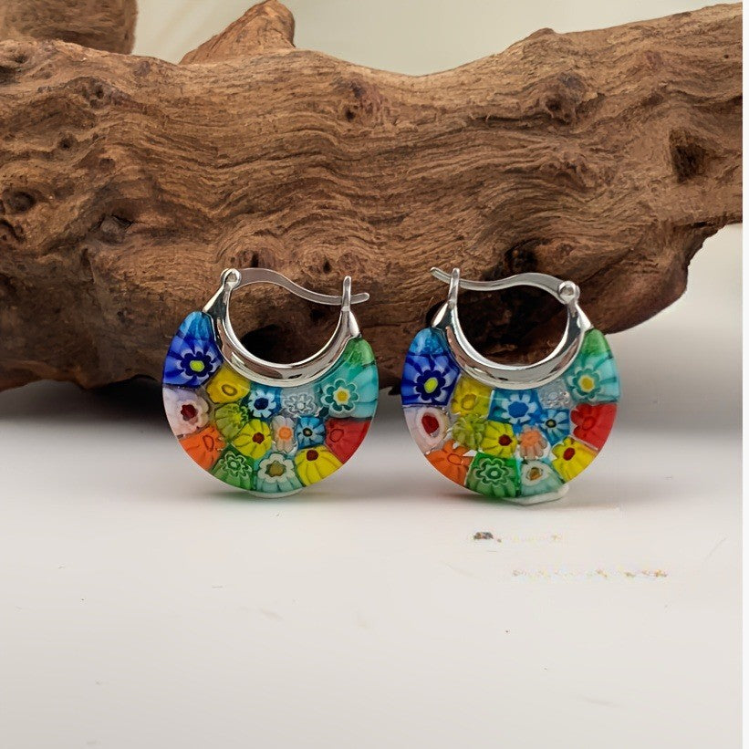 Floral Millefiori Glass Hoop Earrings