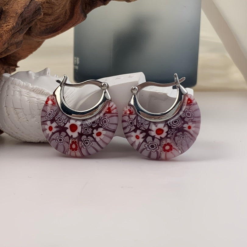 Floral Millefiori Glass Hoop Earrings