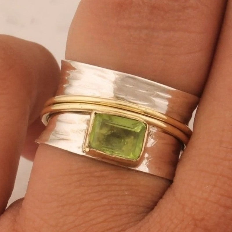 Hammered Two-Tone Green Square Ring