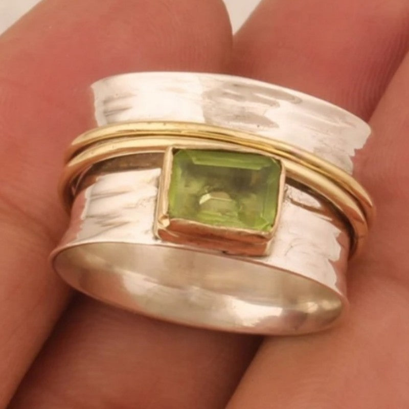 Hammered Two-Tone Green Square Ring