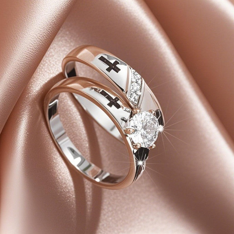 Cross & Crystal Couple Ring Set
