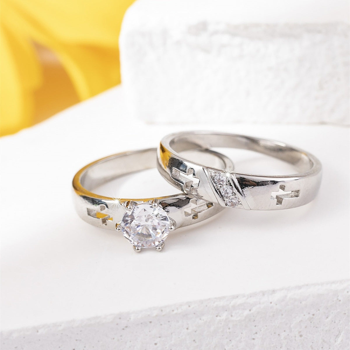 Cross & Crystal Couple Ring Set