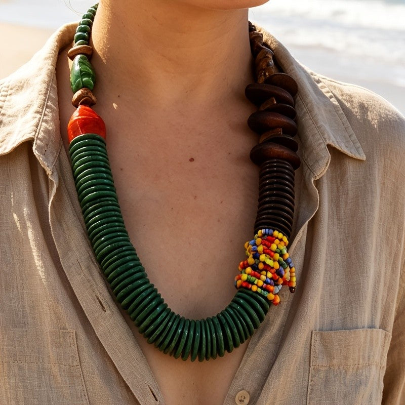 Multi-Color Bead & Wood Disc Necklace