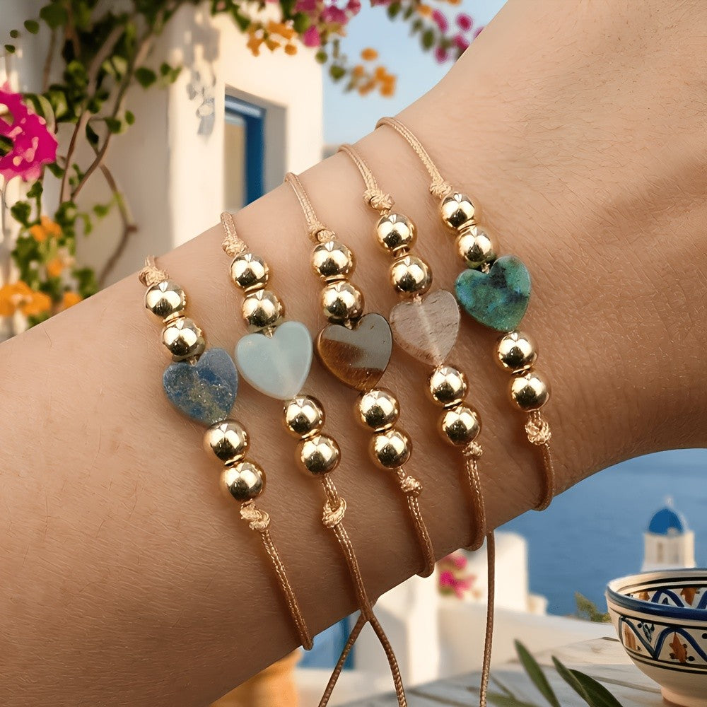 Natural Stone Heart Rope Bracelet Set