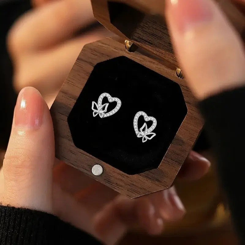 Crystal Heart Butterfly Stud Earrings