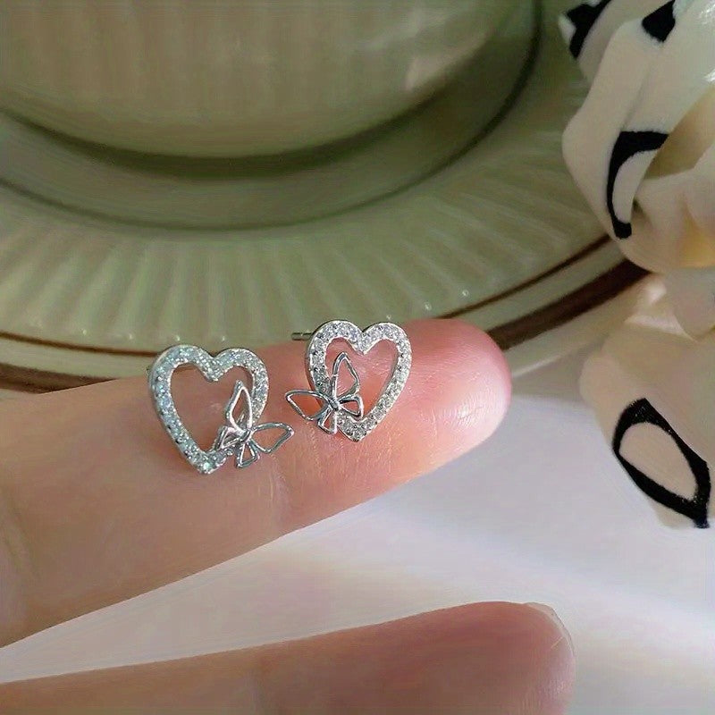 Crystal Heart Butterfly Stud Earrings