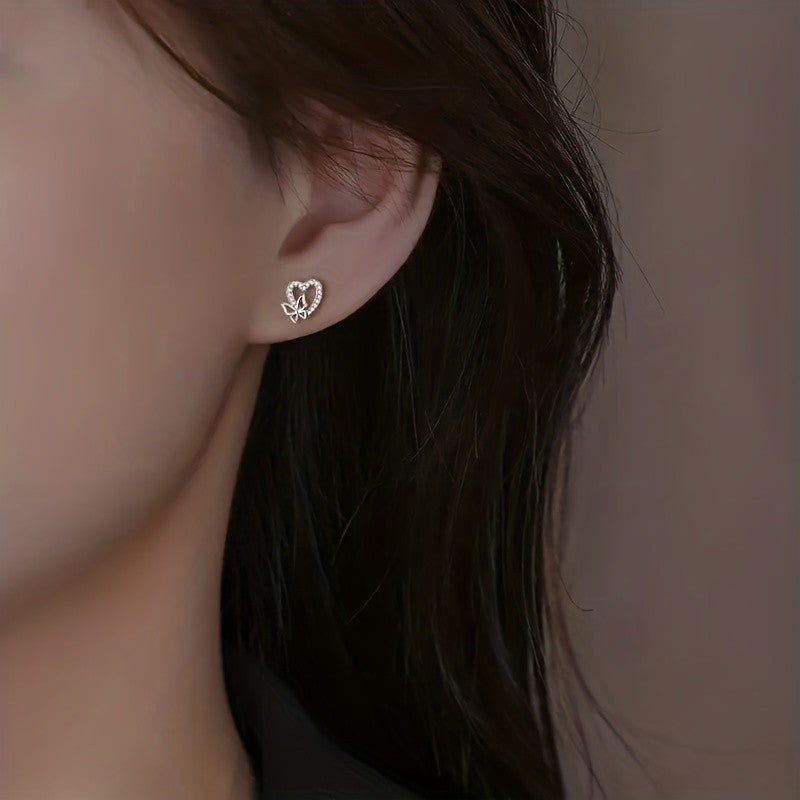 Crystal Heart Butterfly Stud Earrings