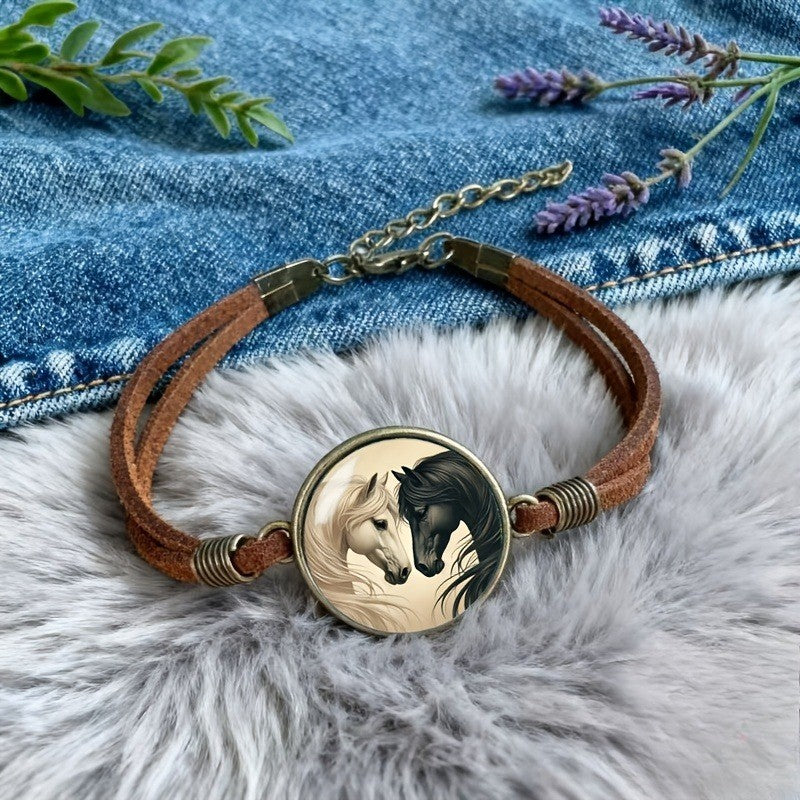 Black & White Horse Glass Cabochon Bracelet