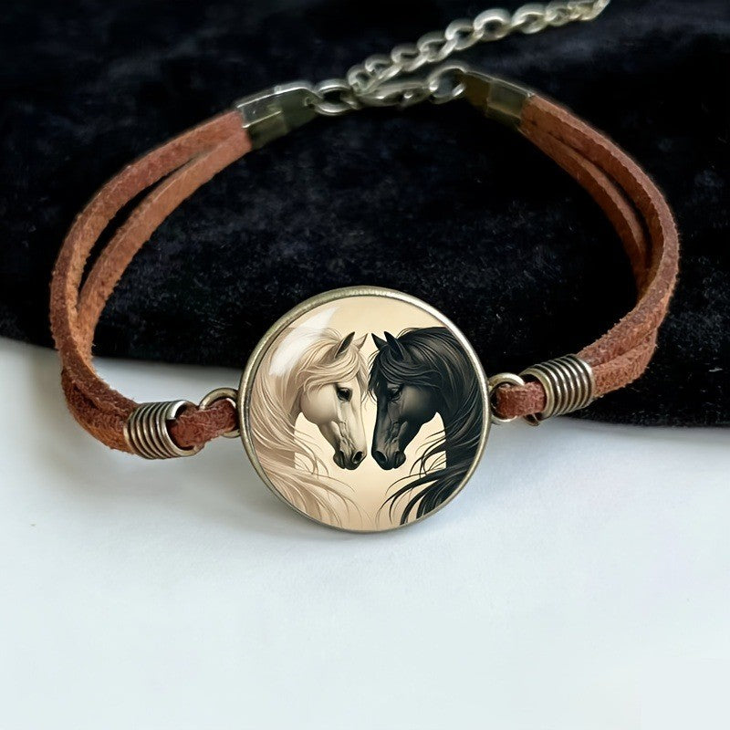 Black & White Horse Glass Cabochon Bracelet