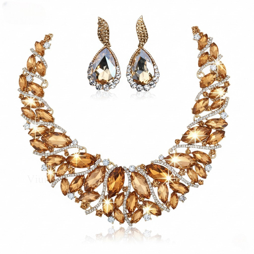 Amber Crystal Leaf Collar Necklace & Earring Set