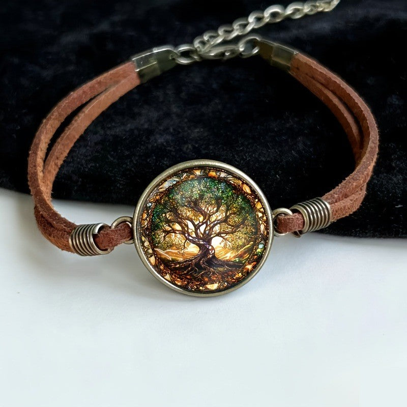 Tree of Life Glass Cabochon Leather Bracelet