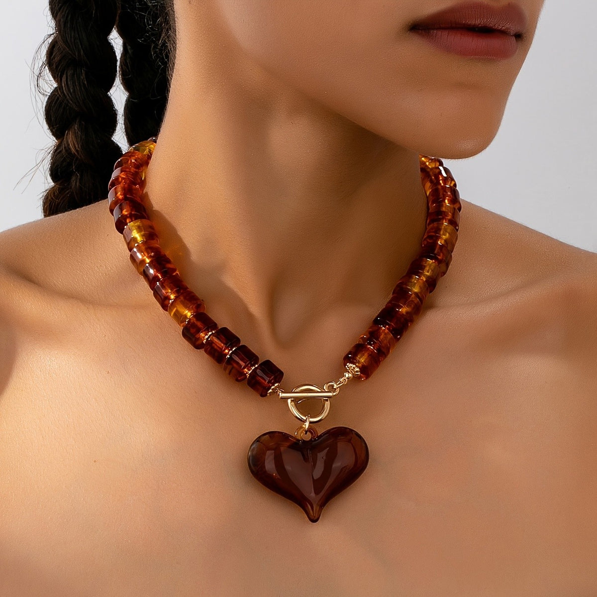 Brown Acrylic Heart Bead Necklace