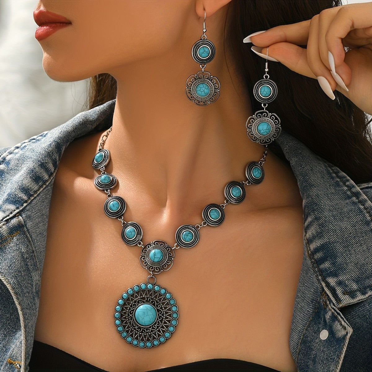 Turquoise Medallion & Drop Earring Set