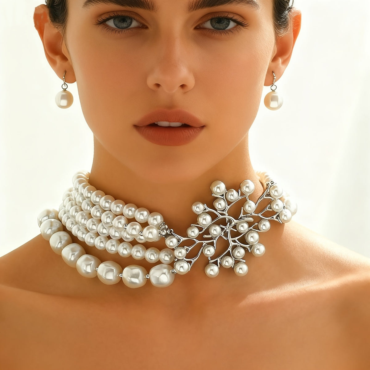 Pearl Branch Collar Necklace & Earring Set