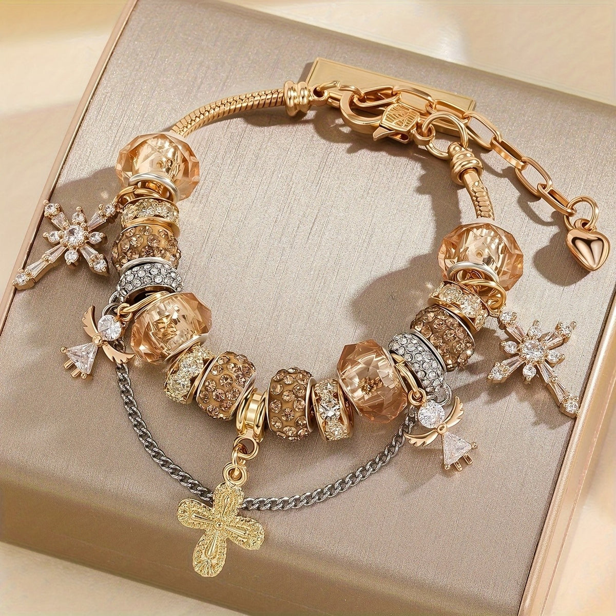 Crystal Cross & Angel Charm Bracelet