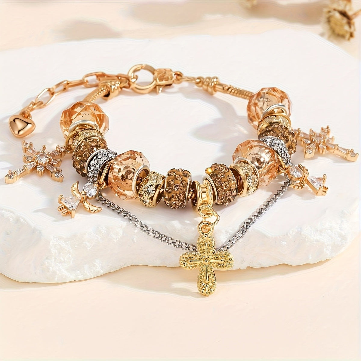 Crystal Cross & Angel Charm Bracelet