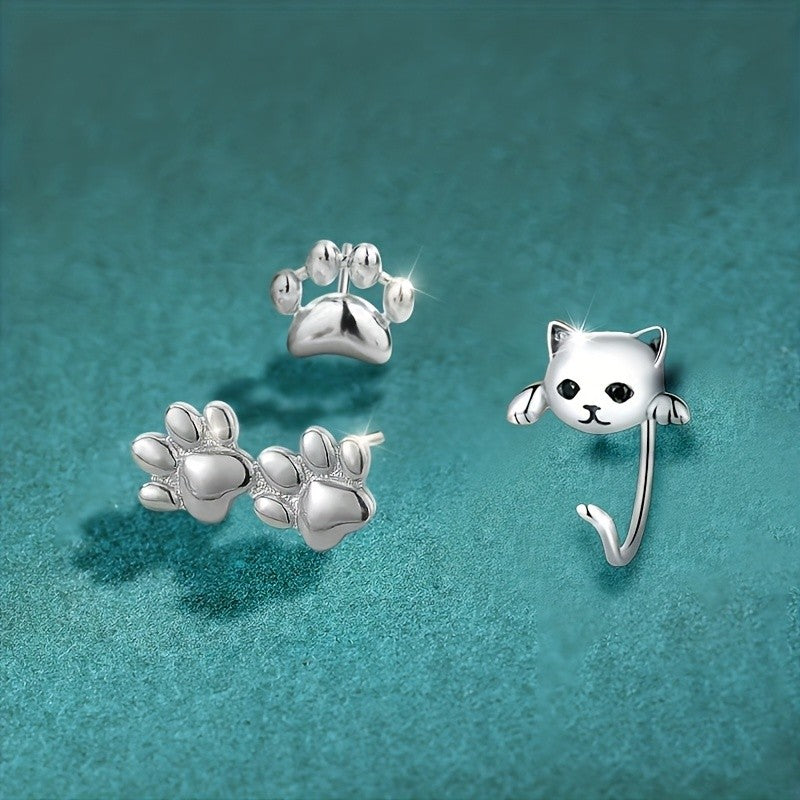 Cat Face & Paw Stud Earring Set