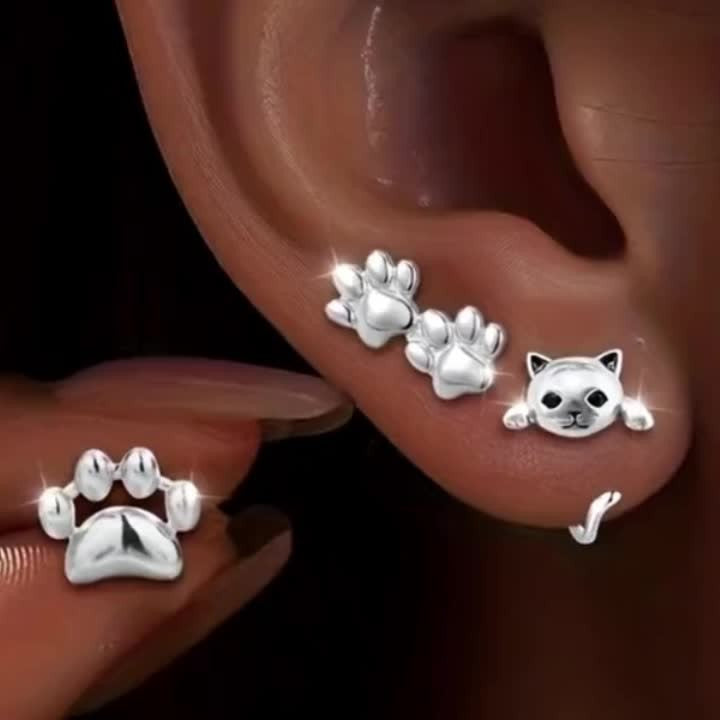 Cat Face & Paw Stud Earring Set