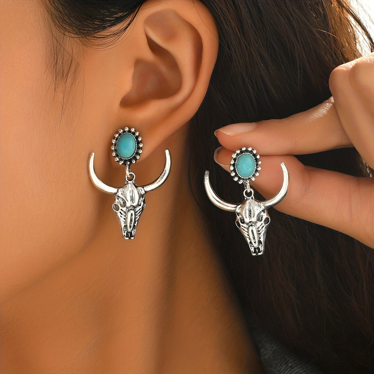 Turquoise Bull Skull Drop Earrings